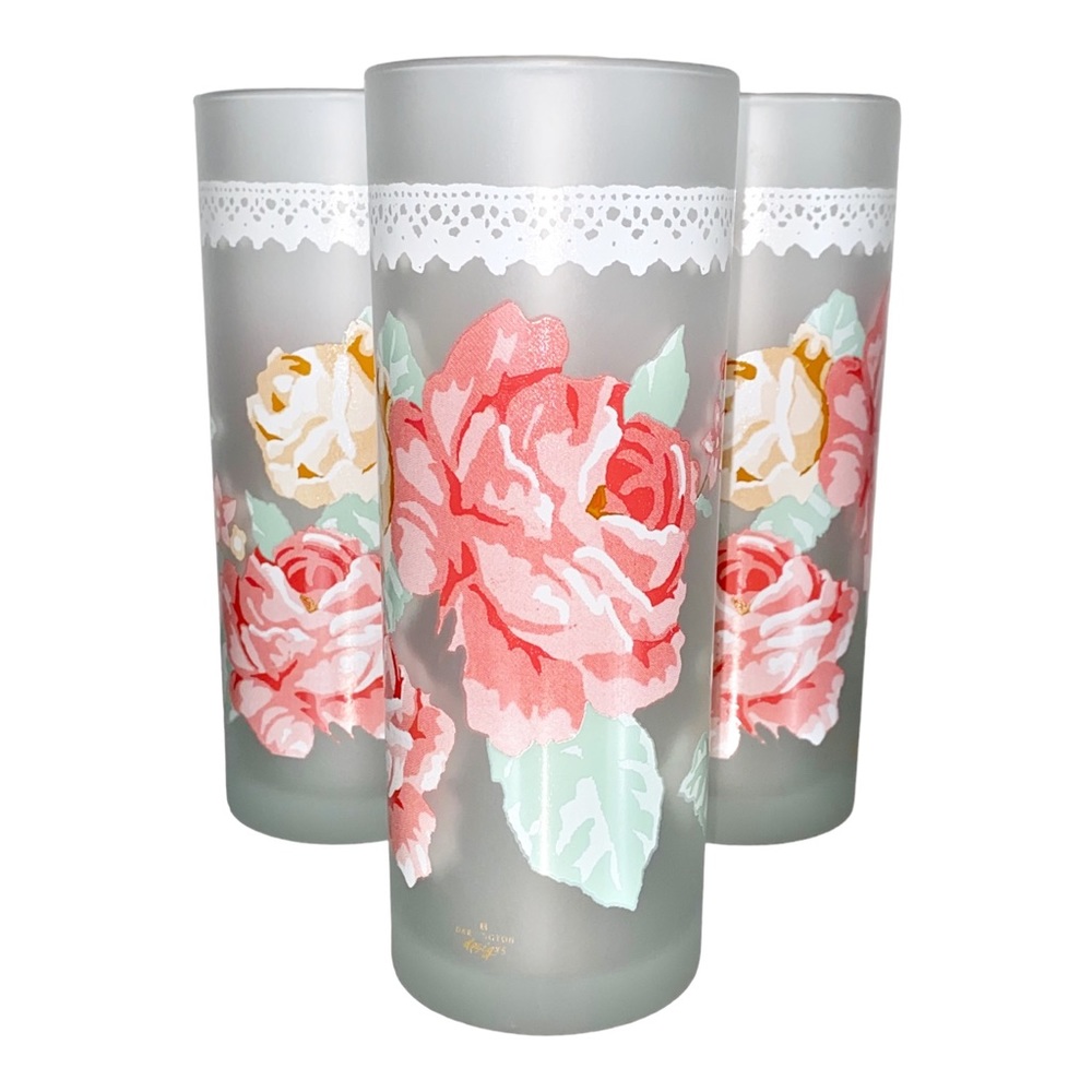 DARTINGTON DESIGNS ☆ Frosted Glass Floral & Lace 14 oz Tumblers ☆ Set of 3